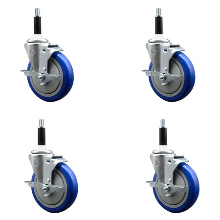 Service Caster 5'' Blue Poly Swivel 7/8'' Expanding Stem Caster Set with Brake, 4PK SCC-EX20S514-PPUB-BLUE-TLB-78-4